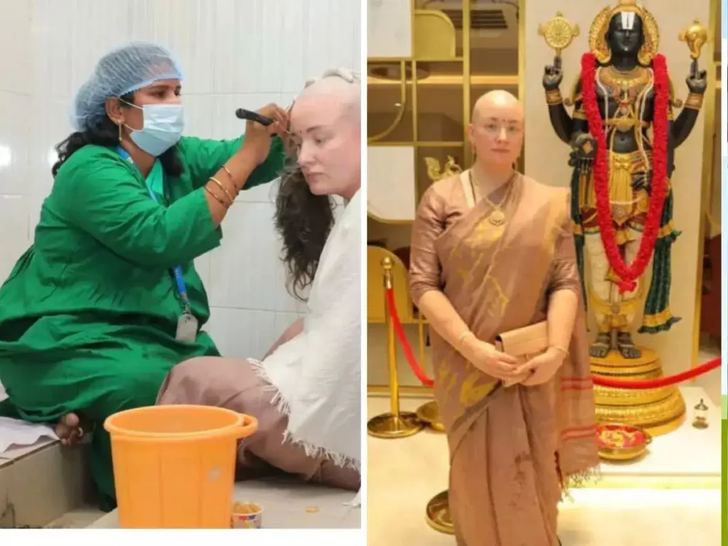 pawan-kalyans-wife-anna-lezhneva-offers-hair-at-tirumala-tirupati-chiranjeevi-says-nephews-survival-a-divine-miracle